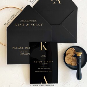 Acrylic modern Save the Date 2mm Clear Transparent or Black Gold Arch cut wedding announcement invitation luxury envelope liner wax seals