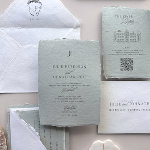 Handmade Wedding Invitation Suite Deckle Edge Invitation with RSVP Card Cotton Envelope Wellum Wrap Wedding stationery for Modern Weddings