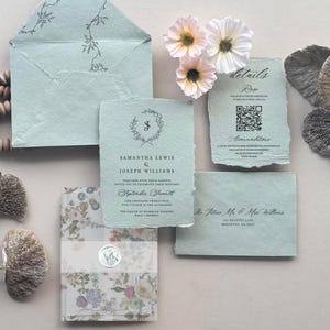 Handmade Wedding Invitation Suite Deckle Edge Invitation with RSVP Card Cotton Envelope Wellum Wrap Wedding stationery for Modern Weddings