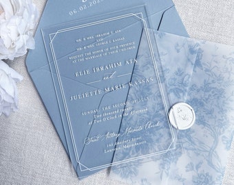 Acrylic Toile Wedding Invitation Dusty Blue Floral Chinoiserie White ink French Clear QR Code Modern Luxury Design Wedding Invite SAMPLE KIT