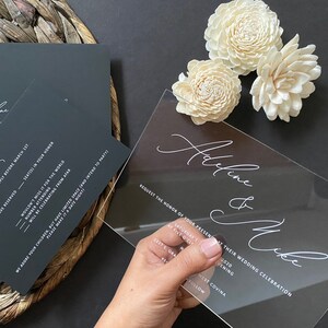 Transparent Acrylic wedding invitation black white gold clear luxury floral liner minimal modern calligraphy invite floral plexi SAMPLE KIT