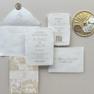 Handmade Wedding Invitation Suite Deckle Edge Invitation with RSVP Card Cotton Envelope Wellum Wrap Wedding stationery for Modern Weddings