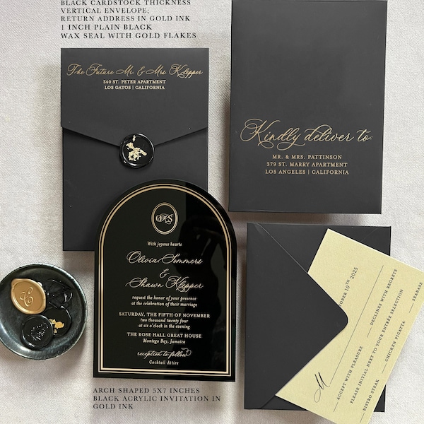 Black Dome Shape Acrylic wedding invitations Arch invite modern classic Vintage elegant gold calligraphy envelope liner SAMPLE KIT Laser cut
