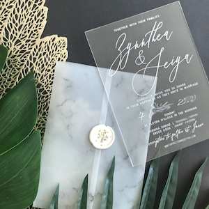 Clear Acrylic wedding invitation modern black white gold luxury marble minimal vellum wrap wax seal calligraphy invites floral SAMPLE KIT