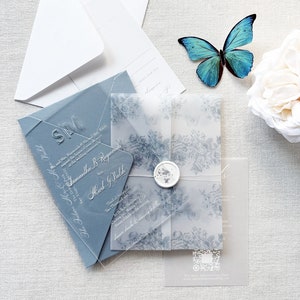 Jasnoniebieskie zaproszenia Jasnoniebieskie zaproszenia Francuskie niebieskie zaproszenie ślubne i kod QR Rsvp Hochzeitseinladung Mrożone akrylowe zaproszenie ślubne