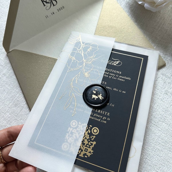 Clear Acrylic wedding invitation laser cut plexiglass black white gold luxury modern calligraphy floral wreath monogram invite SAMPLE KIT