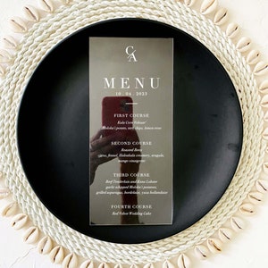 Marque-place personnalisé pour menu de mariage moderne Menu acrylique, décoration d'anniversaire personnalisée, marque-place invité de mariage minimaliste pour une réception cravate noire