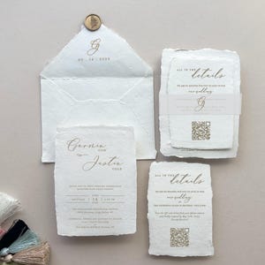 Handmade Wedding Invitation Suite Deckle Edge Invitation with RSVP Card Cotton Envelope Wellum Wrap Wedding stationery for Modern Weddings