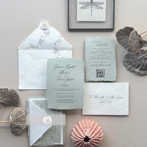 Handmade Wedding Invitation Suite Deckle Edge Invitation with RSVP Card Cotton Envelope Wellum Wrap Wedding stationery for Modern Weddings