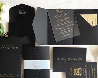 Heldere acryl huwelijksuitnodiging Transparant zwart wit goud luxe bloemenenvelopvoering minimale moderne uitnodiging bloemenplexi VOORBEELDKIT