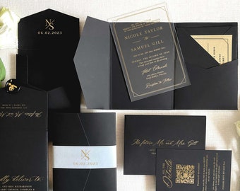 Klare Acryl Hochzeitseinladung Transparent schwarz weiß gold Luxus Blumen Umschlag Liner minimale moderne Einladung floral Plexi SAMPLE KIT