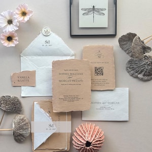 Handmade Wedding Invitation Suite Deckle Edge Invitation with RSVP Card Cotton Envelope Wellum Wrap Wedding stationery for Modern Weddings