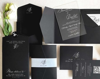 Clear Acrylic wedding invitation Transparent black white gold luxury floral envelope liner minimal modern invite floral plexi SAMPLE KIT