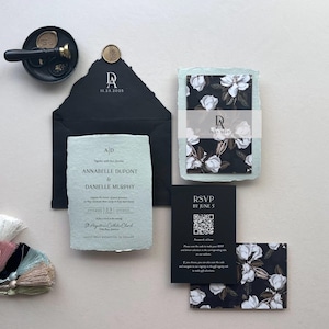 Handmade Wedding Invitation Suite Deckle Edge Invitation with RSVP Card Cotton Envelope Wellum Wrap Wedding stationery for Modern Weddings