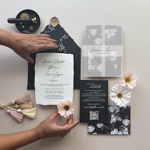 Handmade Wedding Invitation Suite Deckle Edge Invitation with RSVP Card Cotton Envelope Wellum Wrap Wedding stationery for Modern Weddings