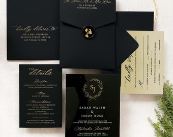 Black Acrylic wedding invitation gold Black luxury modern geometric hexagon art deco plexiglass 1920's gold Black tie lucite SAMPLE KIT