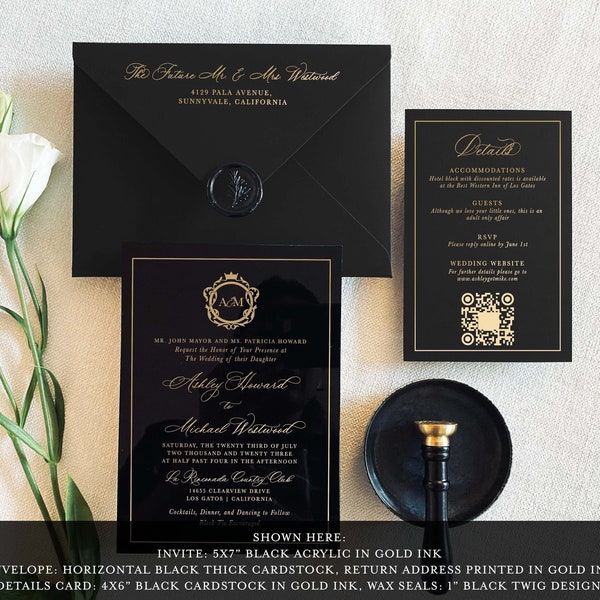 Black Acrylic Modern wedding invitation luxury modern calligraphy invite Clear plexiglass QR Code invite Minimal gold lucite SAMPLE KIT