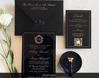 Black Acrylic Modern wedding invitation luxury modern calligraphy invite Clear plexiglass QR Code invite Minimal gold lucite SAMPLE KIT