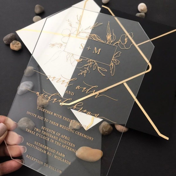 Clear Acrylic wedding invitation laser cut geometric black white gold luxury modern calligraphy floral wreath monogram invite SAMPLE KIT