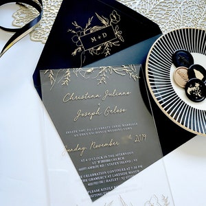 Modern Acrylic invitation weddings clear plexi black white gold luxury geometric calligraphy envelope liner invite transparent SAMPLE KIT