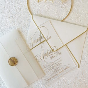 Gouden huwelijksuitnodiging Witgouden bruiloft acryl huwelijksuitnodiging met klassieke stijl en RSVP-kaart QR-code en lakzegel uitnodigingssets