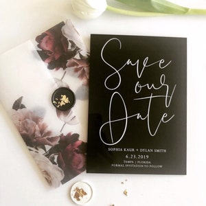 Acrylic modern Save the Date 2mm Clear Transparent or Black Gold Arch cut wedding announcement invitation luxury envelope liner wax seals