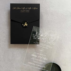 Zwarte bruiloft uitnodigingssuite Zwart-gouden uitnodiging Zwart-wit uitnodiging RSVP-kaart Lakzegel bruiloft briefpapier Details kaart