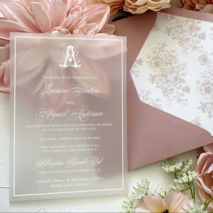 Invitación de acrílico esmerilado, invitaciones florales bohemias, toile vellum, invitaciones de boda de lujo, invitaciones modernas, bodas clásicas, elegantes