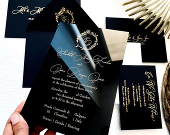 Faire-part de mariage en acrylique noir doré clair plexiglas double face couronne moderne enveloppe doublure calligraphie imprimée feuille d'or enveloppe inviter