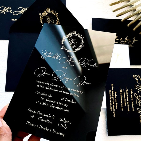 Black Acrylic gold wedding invitation clear perspex double sided modern wreath envelope liner printed calligraphy gold foil envelope invite