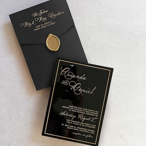 Faire-part en toile, veste en vélin imprimée, mariage de luxe, noir, faire-part de mariage de luxe, faire-part de mariage de luxe avec carte RSVP et jeu de codes QR