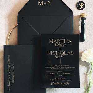 Cartes de mariage élégantes Faire-part de mariage minimaliste Faire-part de mariage noir avec RSVP Détails de la carte Carte avec papier vélin et cachet de cire