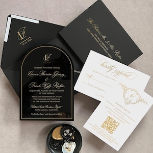Lasergesneden acryluitnodiging met QR-code RSVP-kaart Klassieke luxe bruiloft Vintage huwelijksuitnodiging Gebogen koepel Trouwkaartsuite