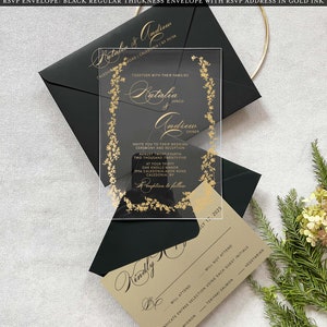 Suite de invitación de boda negra Invitación negra y dorada con banda de boda personalizada Tarjeta RSVP Sello de cera Invitación moderna con detalles Tarjeta RSVP