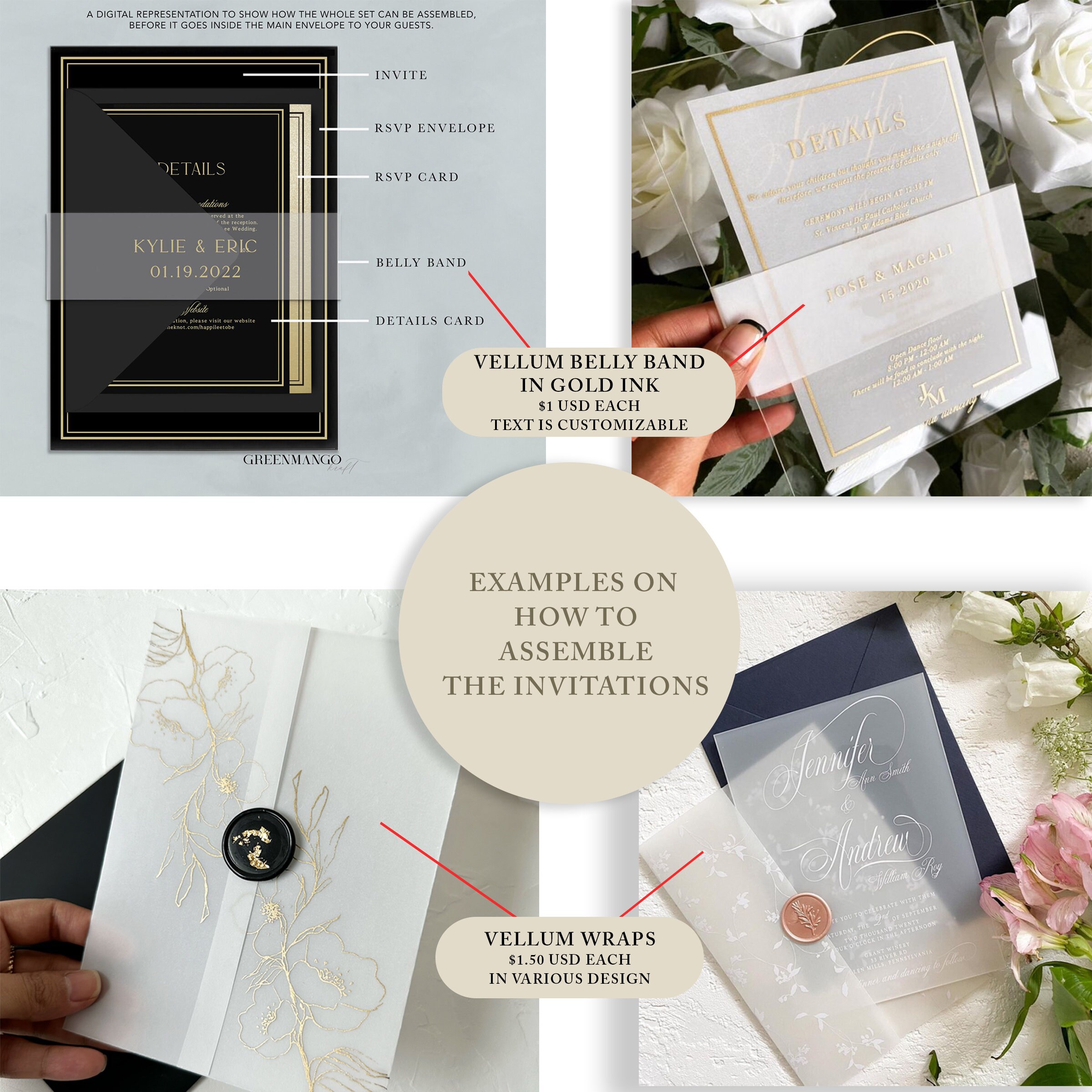 Luxury Monogram Black Acrylic Wedding Invitation with Gold Screen Printing  CAX113