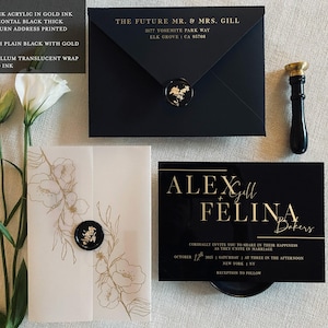 Faire-part de mariage noir Faire-part de mariage de luxe avec carte RSVP Code QR d'invitation Suite d'invitations en toile Veste vélin imprimée Acrylique