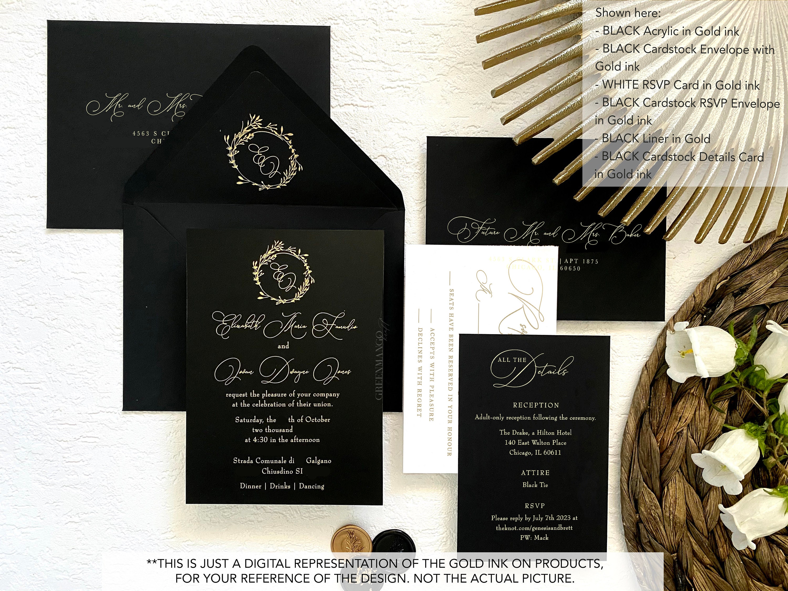 Luxury Gold Monogram Black Acrylic Wedding Invitation BACR02