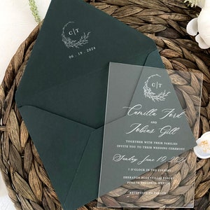 Grüne Hochzeitseinladung mit QR-Code Antwortkarte Details All in One gefaltete Acryl-Einladung Acryl-Hochzeits-Einladungskarten-Pergamin-Wrap-Sets