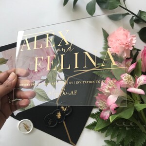 Acrylic modern Save the Date 2mm Clear Transparent or Black Gold Arch cut wedding announcement invitation luxury envelope liner wax seals