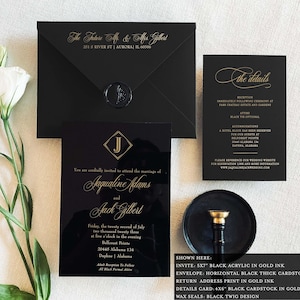 Zwart acryl gouden bruiloftsuitnodiging luxe kalligrafie uitnodiging plexiglas aangepaste zwarte stropdas formele klassieke bruiloft met monster