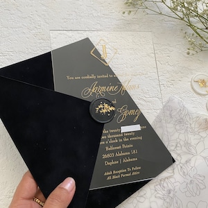 Clear Acrylic invitation weddings plexiglass black gold luxury black tie elegant envelope liner invite minimal geometric formal SAMPLE KIT