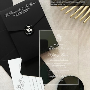 Zwarte uitnodigingssuite Zwart-gouden RSVP-uitnodigingskaart met lakzegel Details kaart buikband met uitnodigingskaart Suite luxe bruiloft