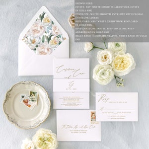 Fine Art Printed Wedding Invitation Cardstock White Black Gold Ink Elegant floral modern Vellum Wrap Belly Band Envelope Addressing Liner