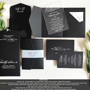Zwarte huwelijksuitnodigingssuite Zwart en goud RSVP-kaart voor uitnodigingen lakzegel Moderne details Kaart buikband met uitnodigingskaart Suites