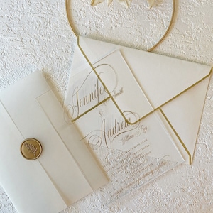 Aangepaste acryl bruiloft uitnodigingssuite gouden spiegel acryl perkament wrap transparant acryl uitnodiging metallic witgouden uitnodigingskaart