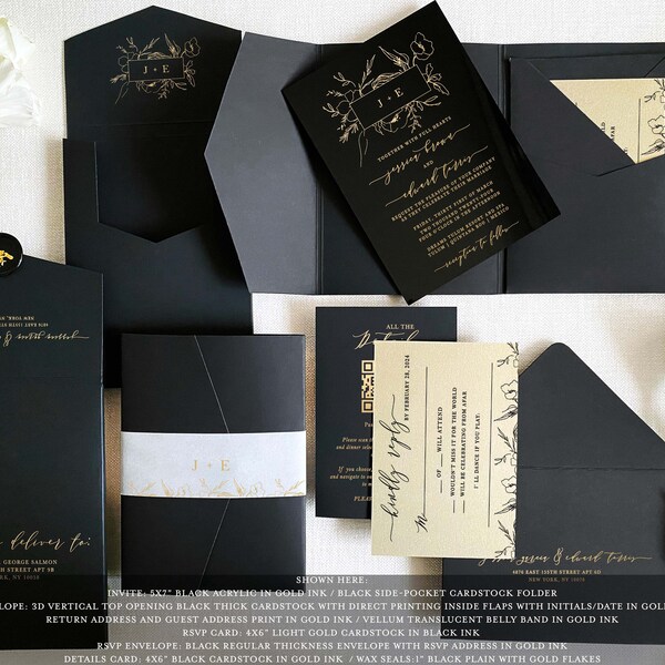 Black Acrylic gold wedding invitation black tie modern floral wreath envelope liner calligraphy gold foil envelope invite plexi SAMPLE PACK