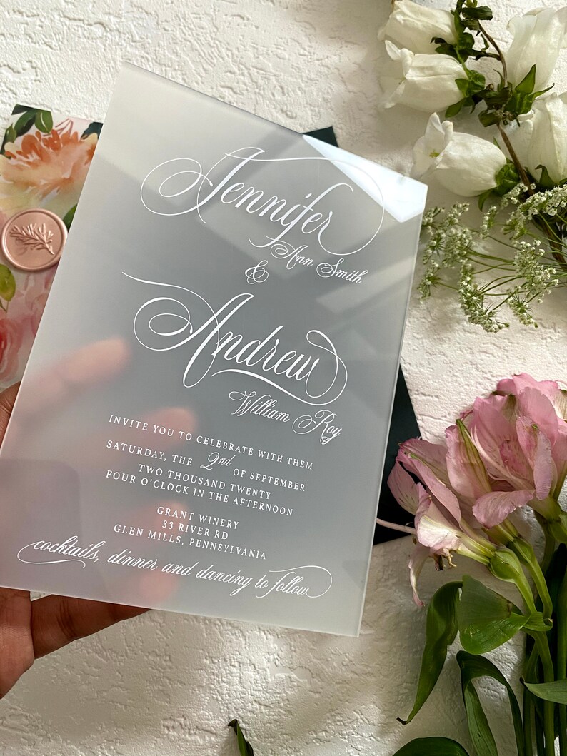 FROSTED Acrylic WEDDING INVITATION calligraphy plexiglass Etsy