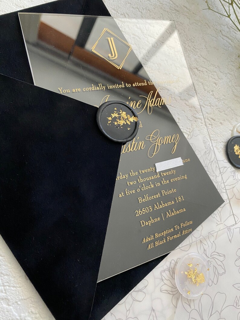 Clear Acrylic INVITATIONS Weddings Plexiglass Black Gold Etsy