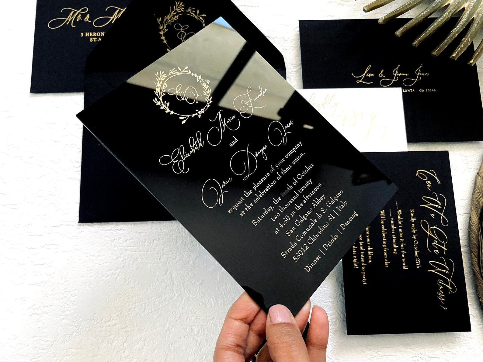 Black Acrylic Gold WEDDING INVITATION Clear Perspex Double | Etsy Australia