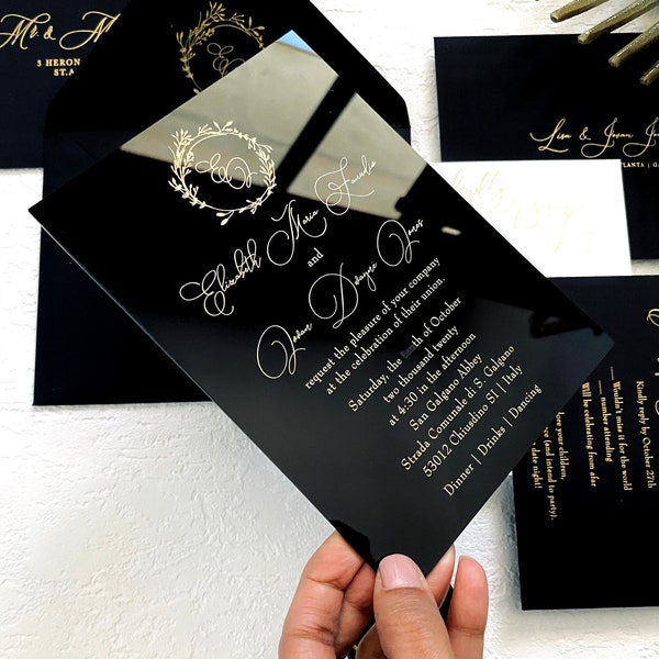 Black Acrylic gold wedding invitation clear perspex double sided modern wreath envelope liner printed calligraphy gold foil envelope invite